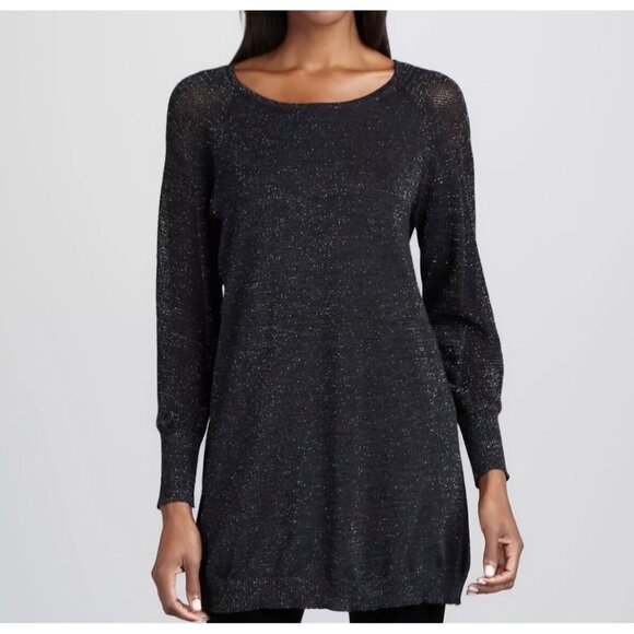 Eileen Fisher Womens Black Merino Wool Tunic Sweater Sparkly Metallic size XS - Picture 1 of 13